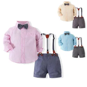 2 Pieces Set Baby Boys Solid Color Bow Shirts And Rompers Wholesale 23030807