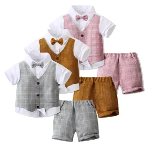 2 Pieces Set Baby Kid Boys Birthday Party Checked Bow Tops And Shorts Wholesale 230210118