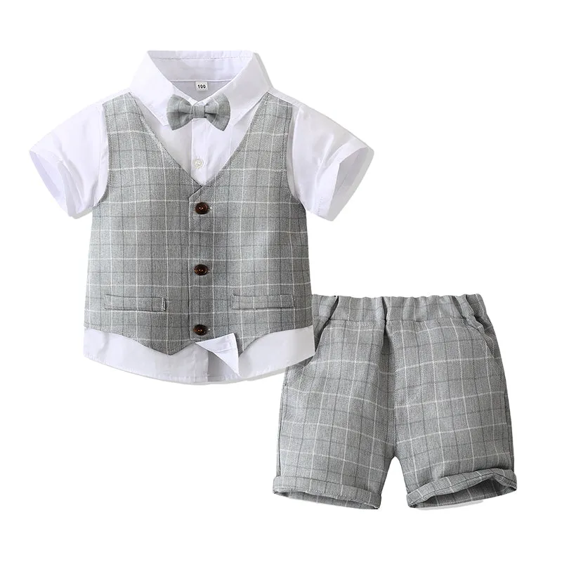2 Pieces Set Baby Kid Boys Birthday Party Checked Bow Tops And Shorts Wholesale 230210118