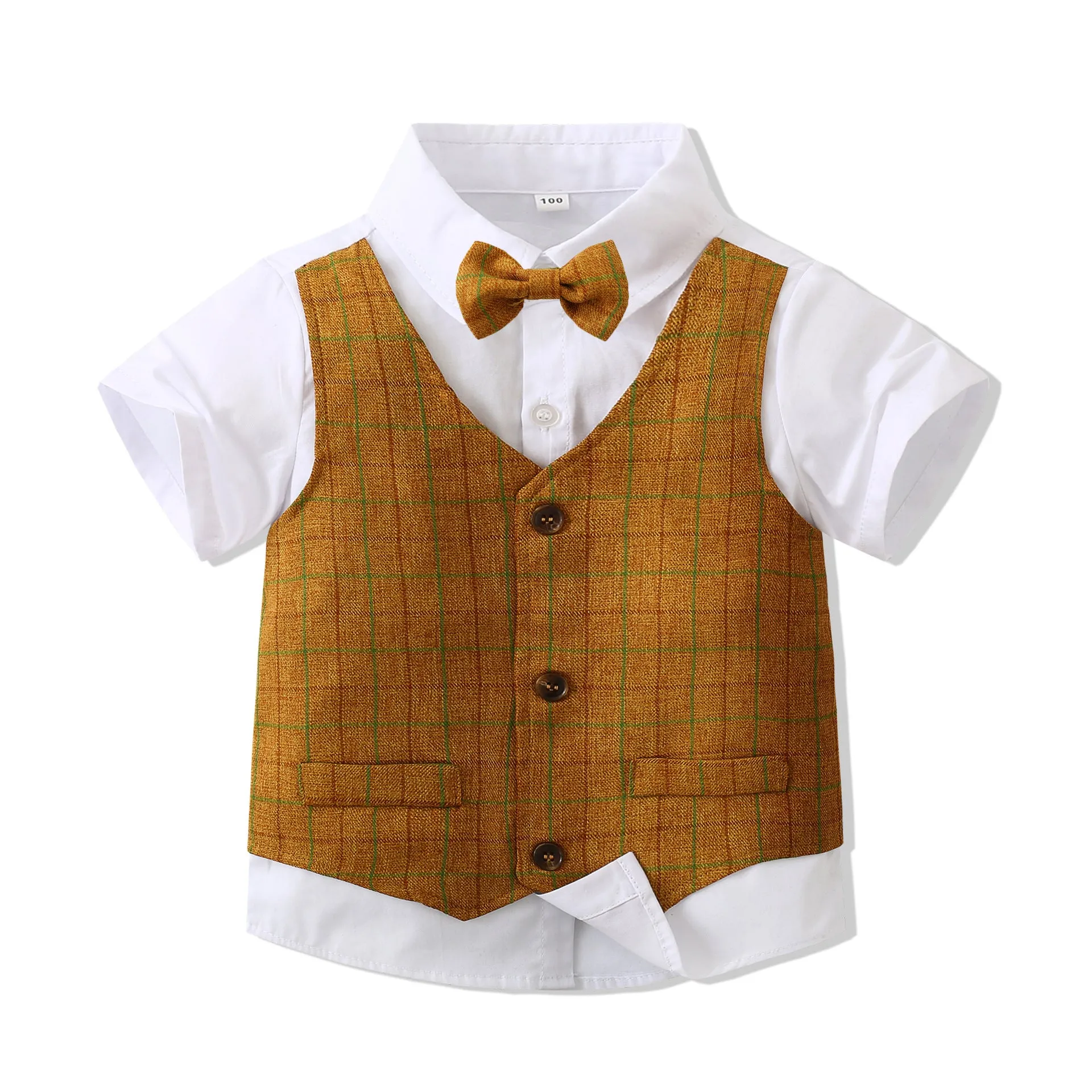 2 Pieces Set Baby Kid Boys Birthday Party Checked Bow Tops And Shorts Wholesale 230210118