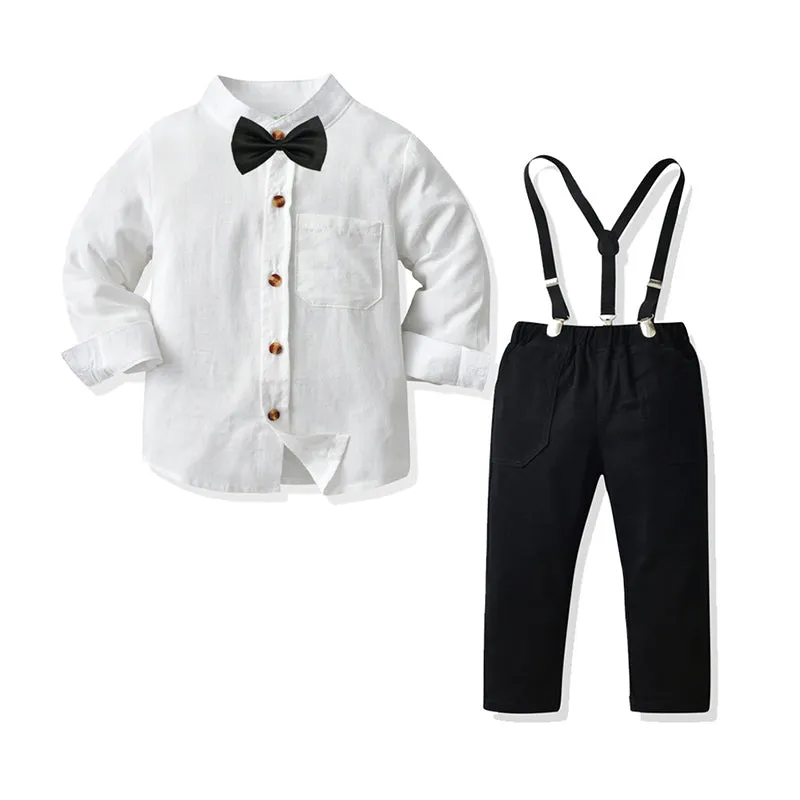 2 Pieces Set Baby Kid Boys Birthday Party Solid Color Bow Shirts And Jumpsuits Wholesale 21110959