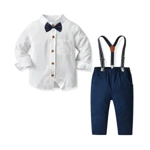 2 Pieces Set Baby Kid Boys Birthday Party Solid Color Bow Shirts And Jumpsuits Wholesale 21110959