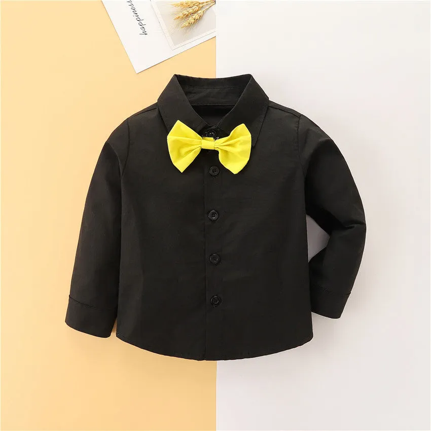 2 Pieces Set Baby Kid Boys Birthday Party Solid Color Bow Shirts And Jumpsuits Wholesale 230213151