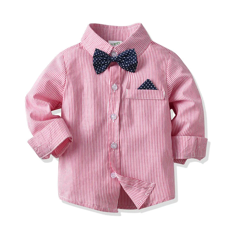 2 Pieces Set Baby Kid Boys Birthday Party Striped Polka dots Bow Shirts And Solid Color Jumpsuits Wholesale 21110953