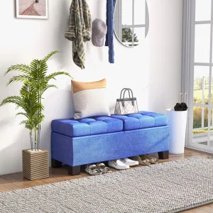 46" Storage Ottoman Bench, Upholstered with Steel Frame, Button Tufted, Safety Hinges, Blue - Living Room, Entryway, Bedroom