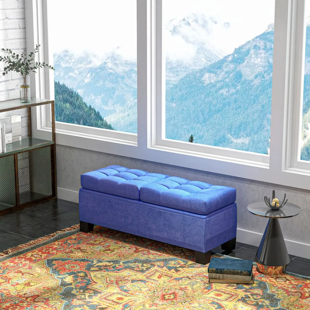 46" Storage Ottoman Bench, Upholstered with Steel Frame, Button Tufted, Safety Hinges, Blue - Living Room, Entryway, Bedroom