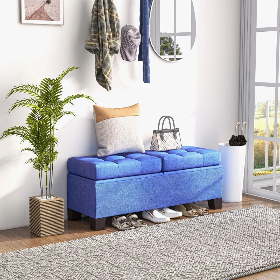 46" Storage Ottoman Bench, Upholstered with Steel Frame, Button Tufted, Safety Hinges, Blue - Living Room, Entryway, Bedroom