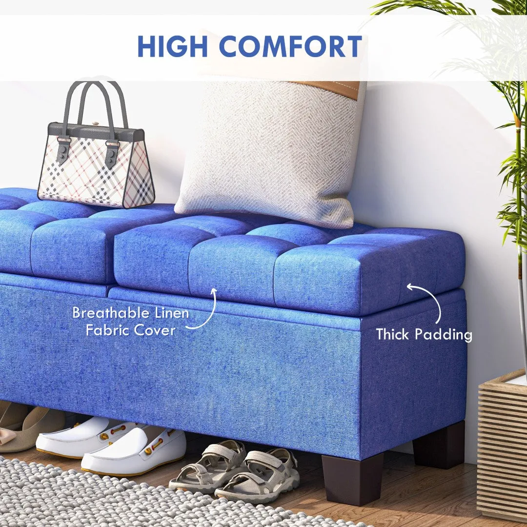 46" Storage Ottoman Bench, Upholstered with Steel Frame, Button Tufted, Safety Hinges, Blue - Living Room, Entryway, Bedroom