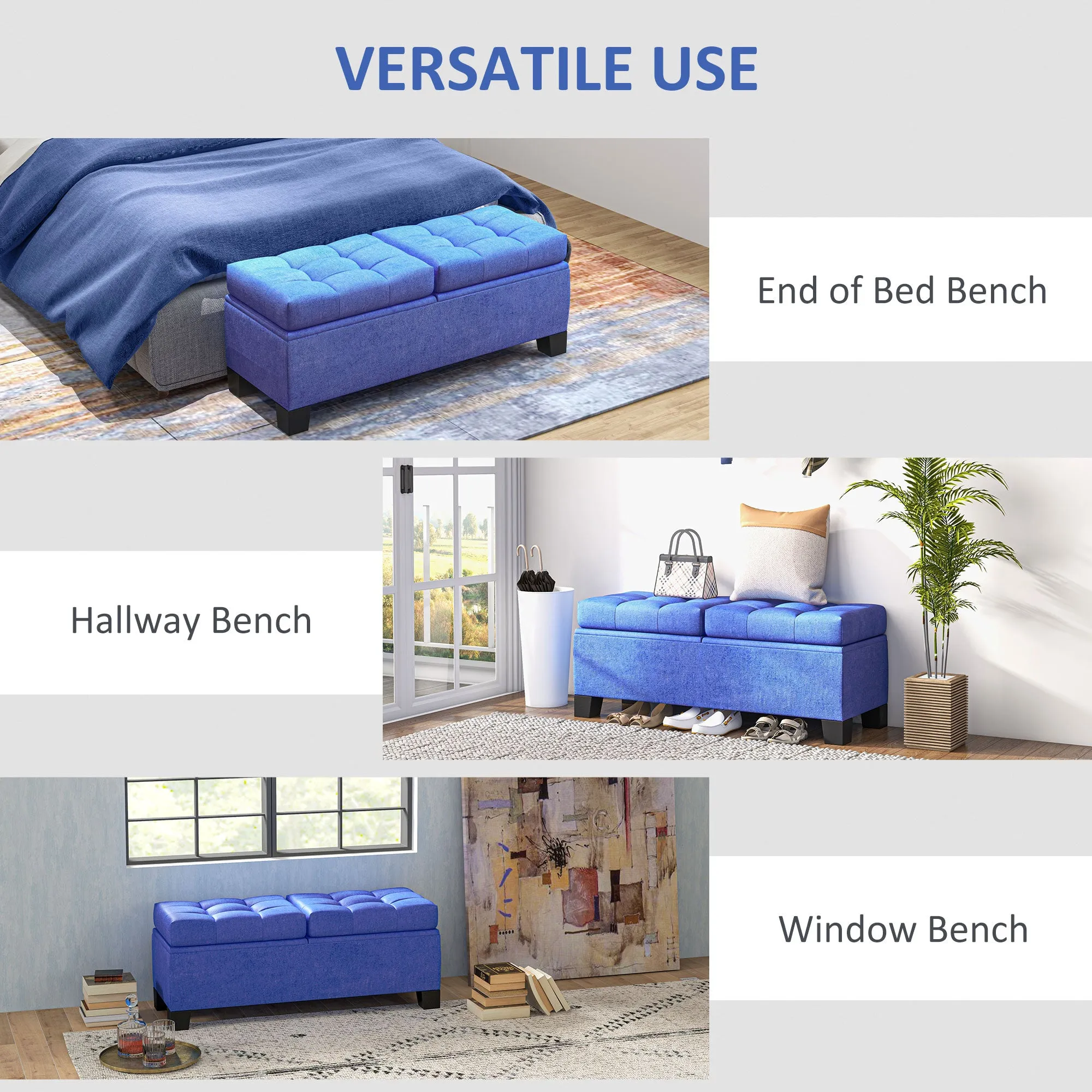 46" Storage Ottoman Bench, Upholstered with Steel Frame, Button Tufted, Safety Hinges, Blue - Living Room, Entryway, Bedroom