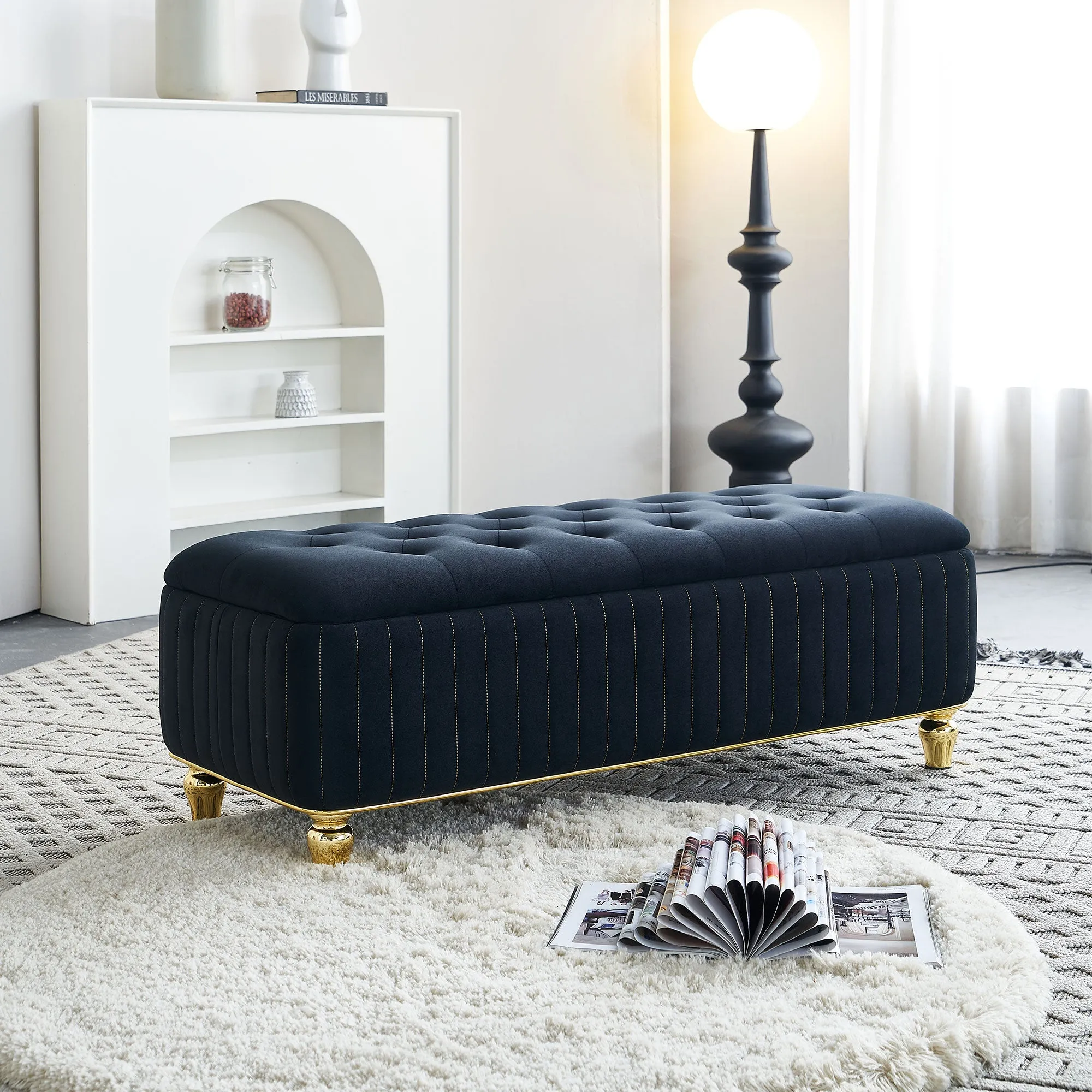 47.24''W Upholstered Velvet Storage Ottoman with Safety Hinge, Gold Decoration Strip, Embroidery Footstool Bench for Living Room & Bedroom, Black