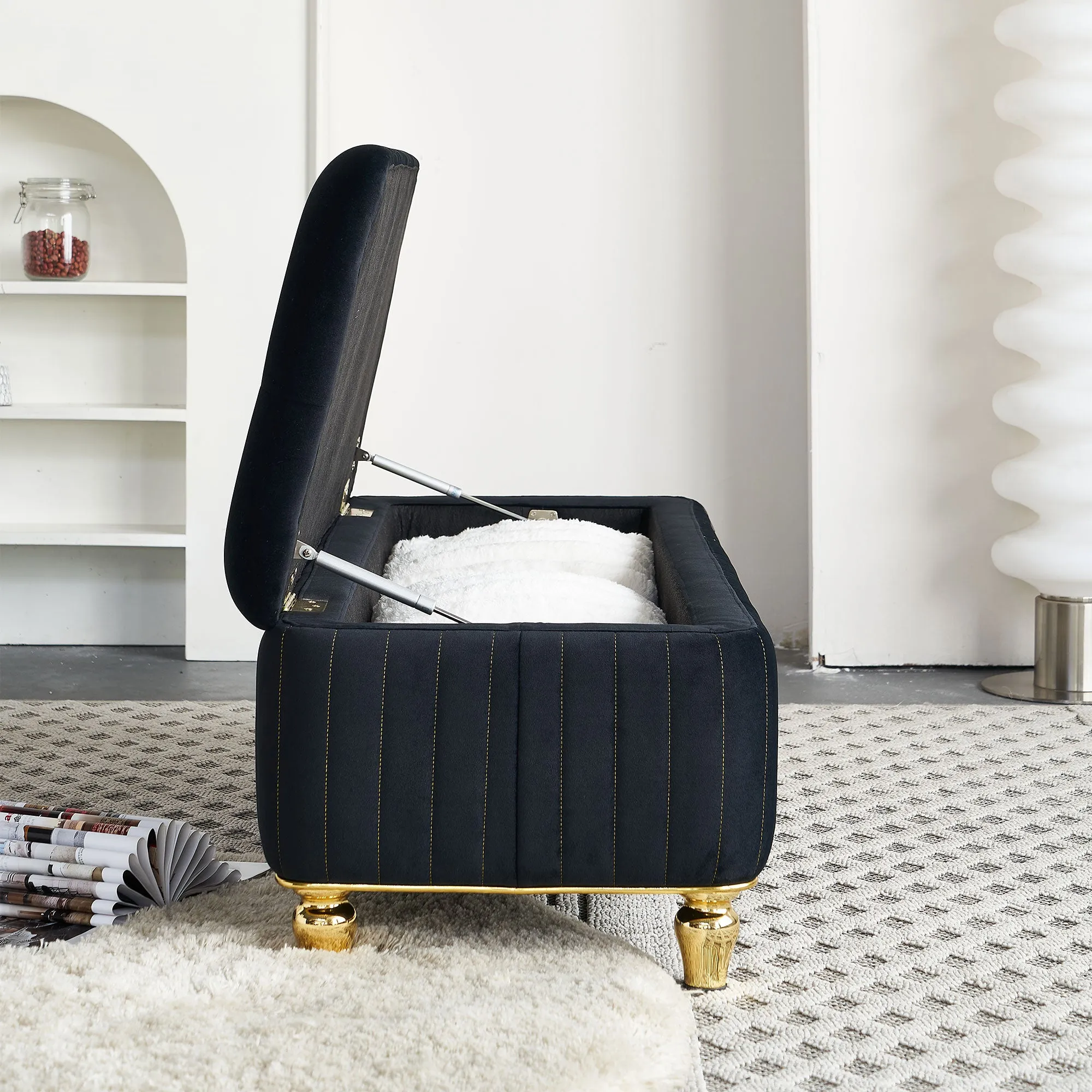 47.24''W Upholstered Velvet Storage Ottoman with Safety Hinge, Gold Decoration Strip, Embroidery Footstool Bench for Living Room & Bedroom, Black