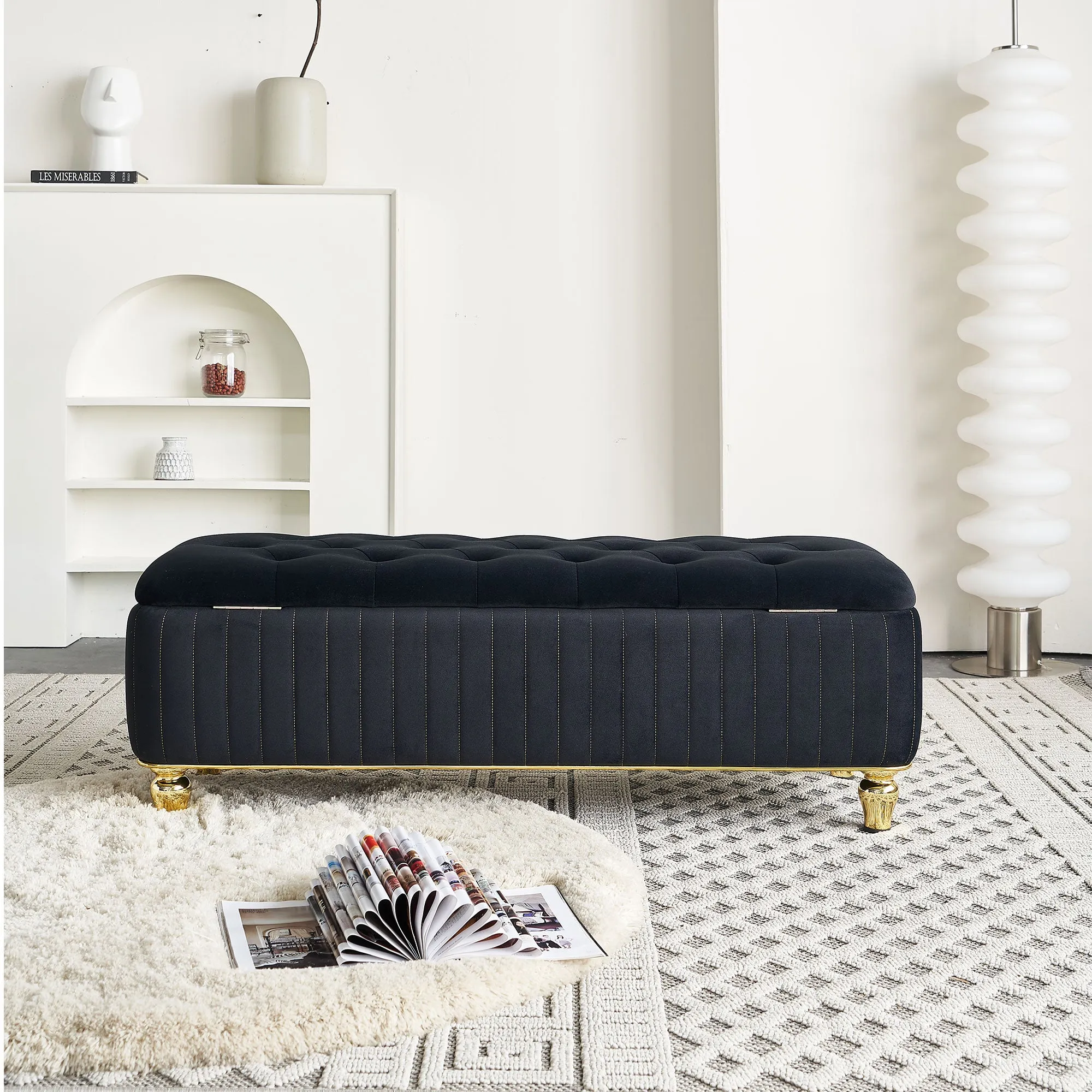 47.24''W Upholstered Velvet Storage Ottoman with Safety Hinge, Gold Decoration Strip, Embroidery Footstool Bench for Living Room & Bedroom, Black