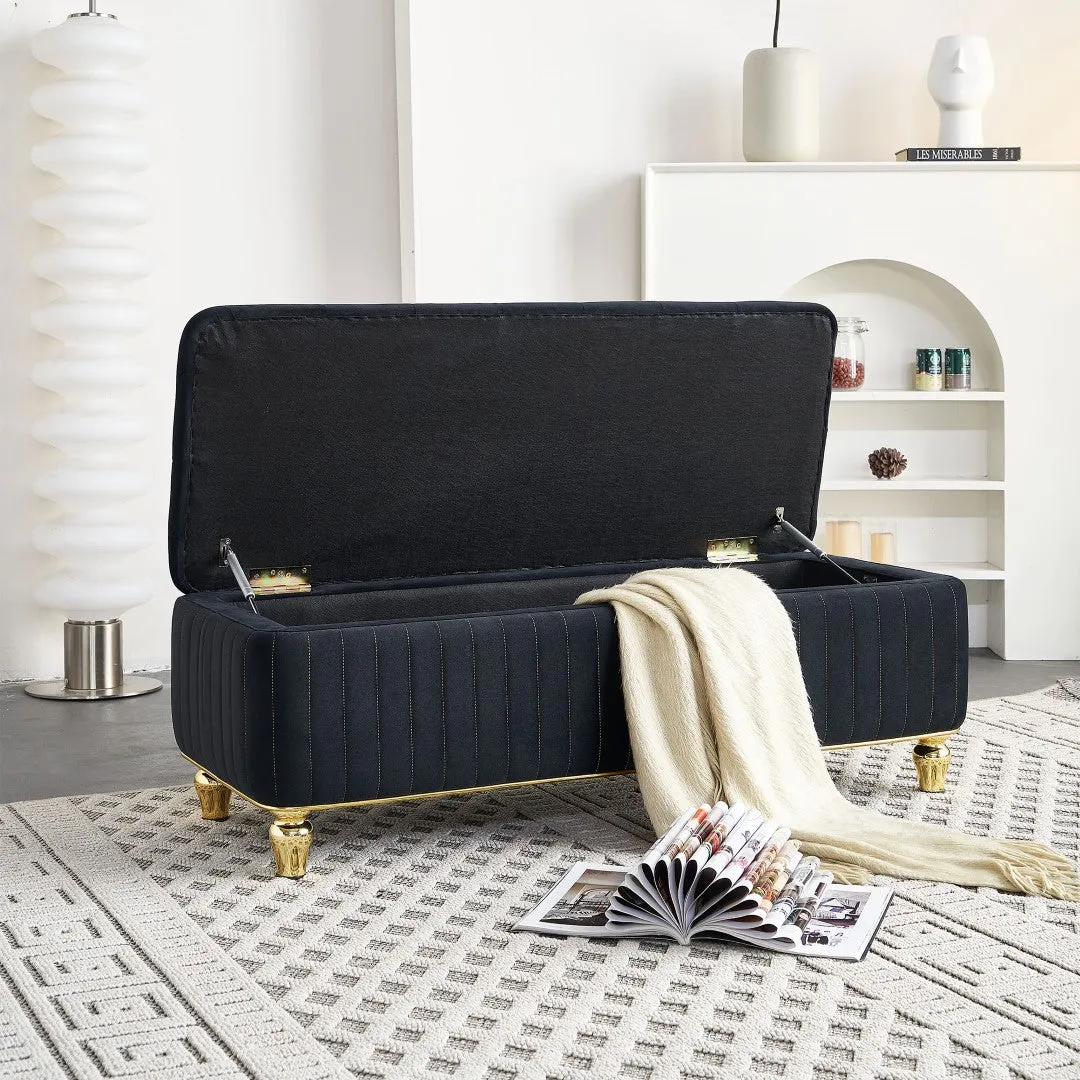 47.24''W Upholstered Velvet Storage Ottoman with Safety Hinge, Gold Decoration Strip, Embroidery Footstool Bench for Living Room & Bedroom, Black