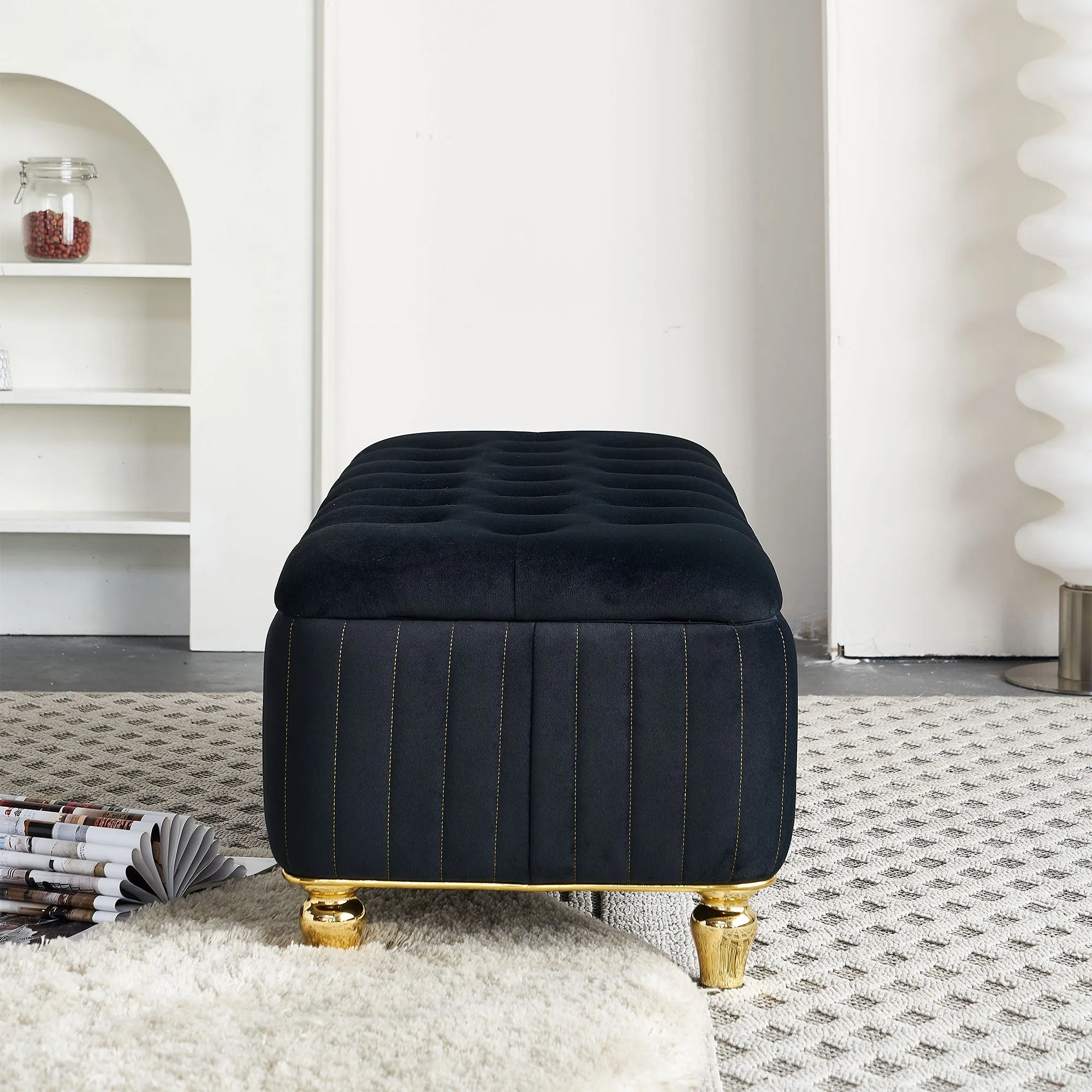 47.24''W Upholstered Velvet Storage Ottoman with Safety Hinge, Gold Decoration Strip, Embroidery Footstool Bench for Living Room & Bedroom, Black
