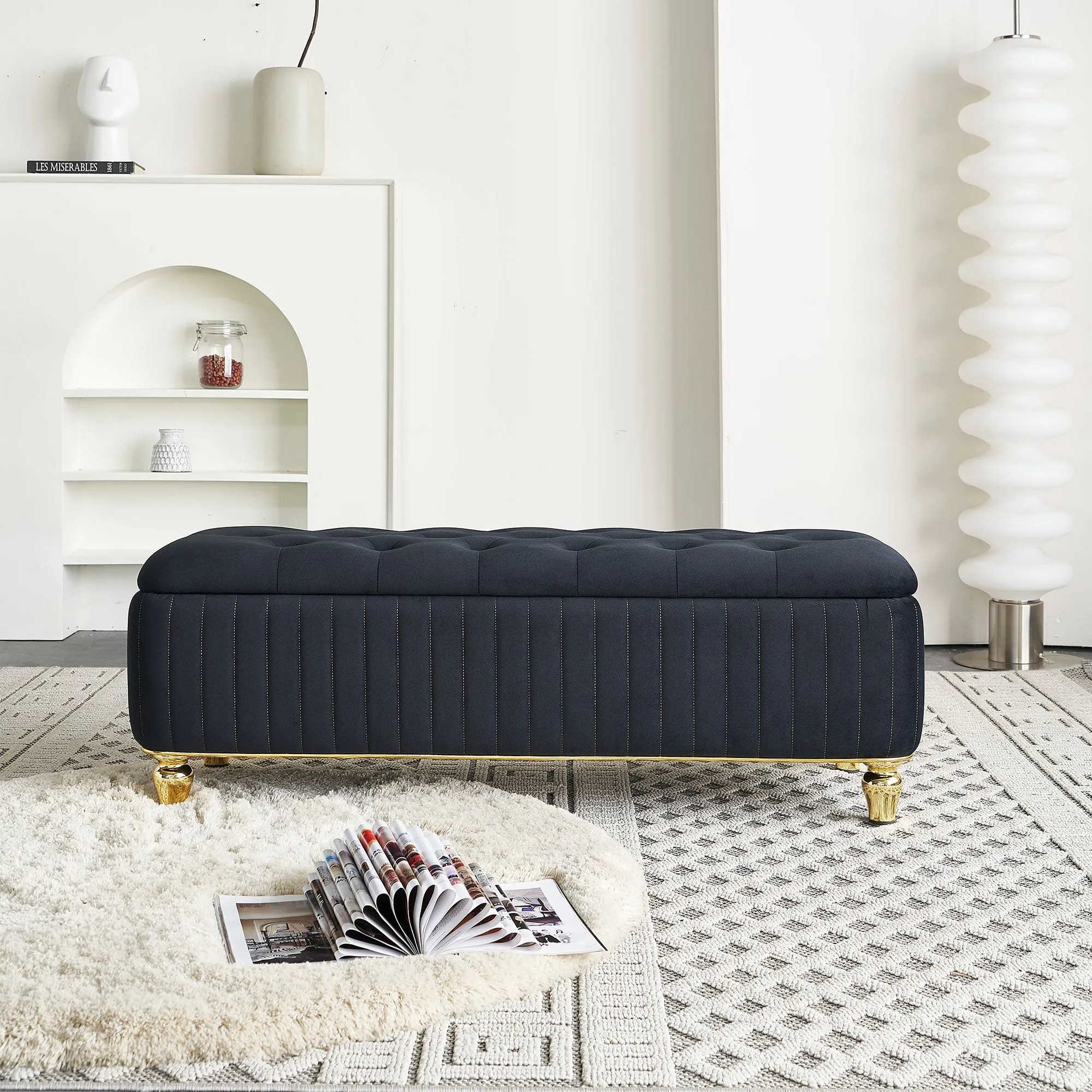 47.24''W Upholstered Velvet Storage Ottoman with Safety Hinge, Gold Decoration Strip, Embroidery Footstool Bench for Living Room & Bedroom, Black