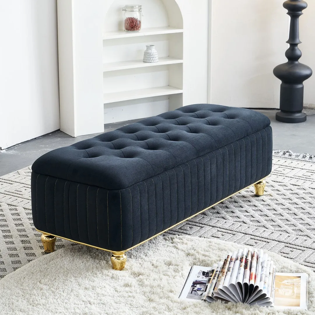 47.24''W Upholstered Velvet Storage Ottoman with Safety Hinge, Gold Decoration Strip, Embroidery Footstool Bench for Living Room & Bedroom, Black