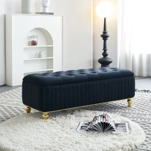 47.24''W Upholstered Velvet Storage Ottoman with Safety Hinge, Gold Decoration Strip, Embroidery Footstool Bench for Living Room & Bedroom, Black