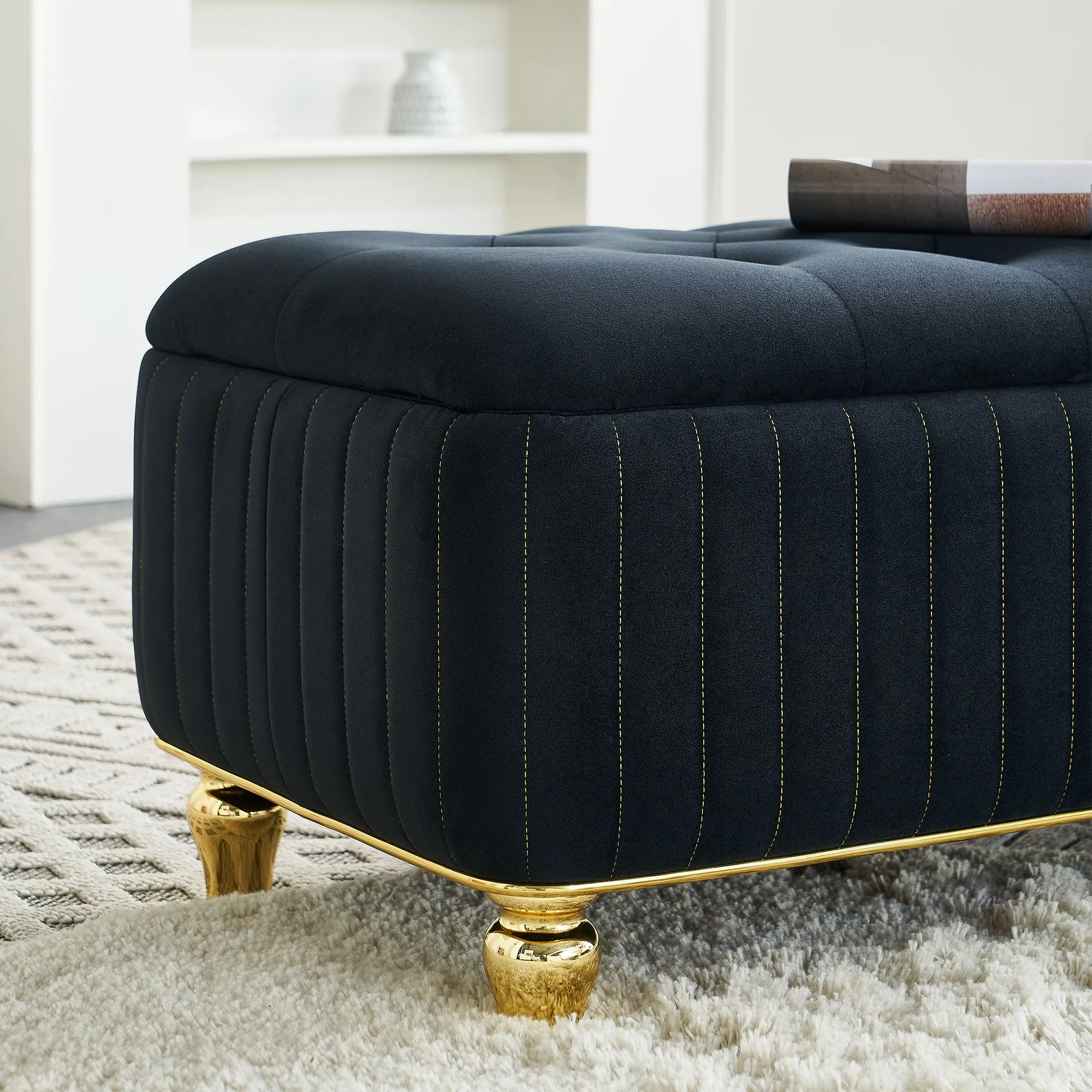 47.24''W Upholstered Velvet Storage Ottoman with Safety Hinge, Gold Decoration Strip, Embroidery Footstool Bench for Living Room & Bedroom, Black