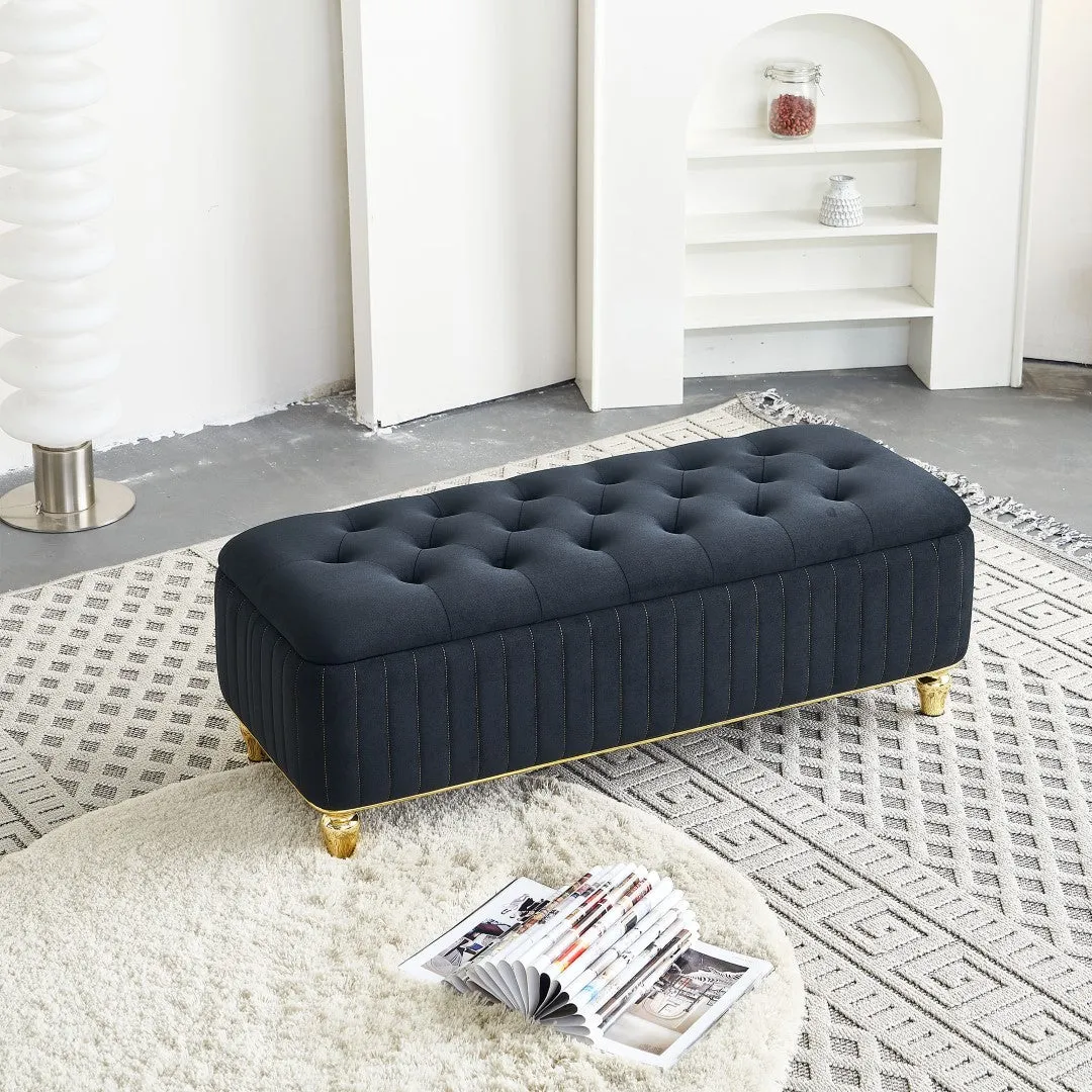 47.24''W Upholstered Velvet Storage Ottoman with Safety Hinge, Gold Decoration Strip, Embroidery Footstool Bench for Living Room & Bedroom, Black