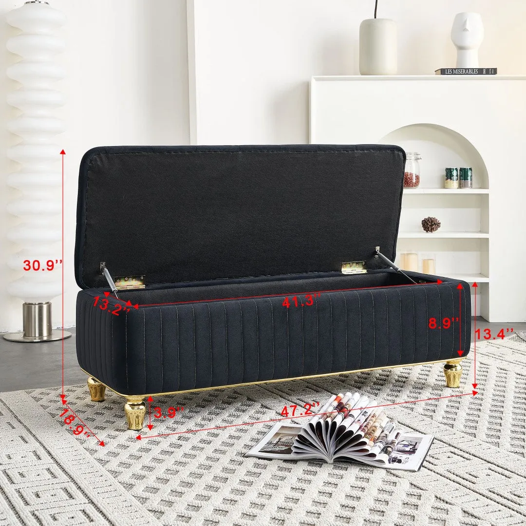 47.24''W Upholstered Velvet Storage Ottoman with Safety Hinge, Gold Decoration Strip, Embroidery Footstool Bench for Living Room & Bedroom, Black