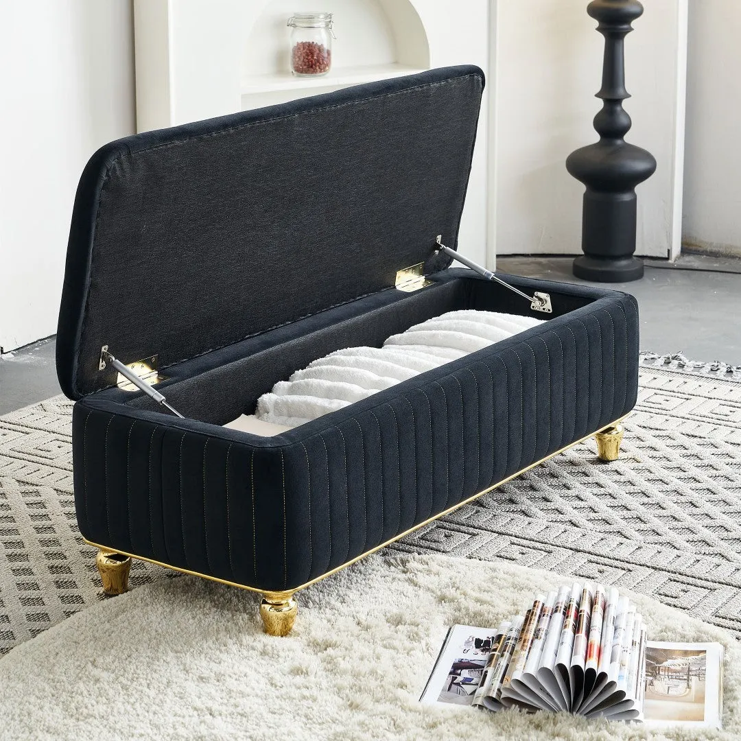 47.24''W Upholstered Velvet Storage Ottoman with Safety Hinge, Gold Decoration Strip, Embroidery Footstool Bench for Living Room & Bedroom, Black