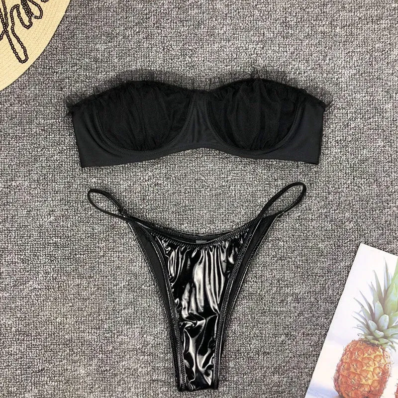 Black Flapper Leather Thong Bottom Tube Bikinis