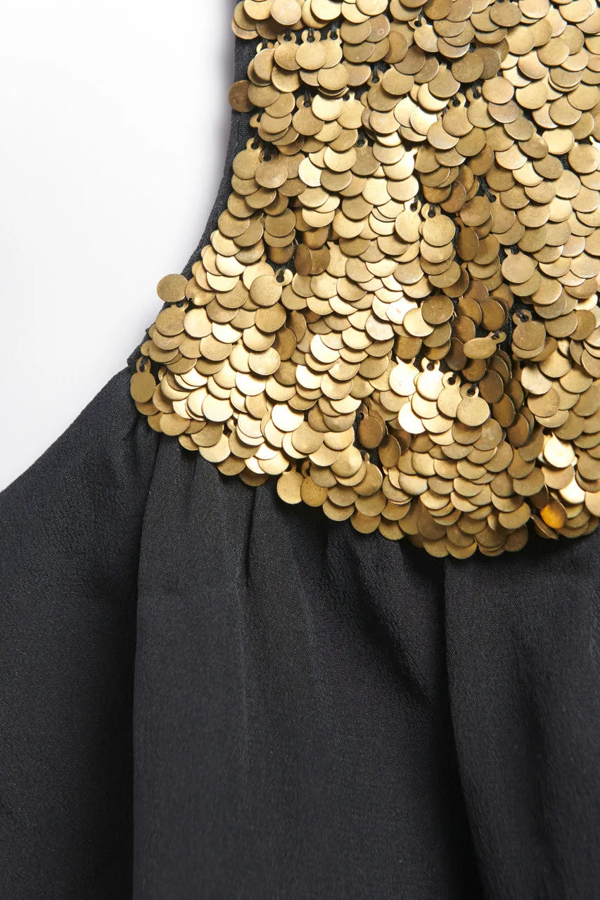 Black Silk Sleeveless Preowned Top With Gold Metal Sequins Applique