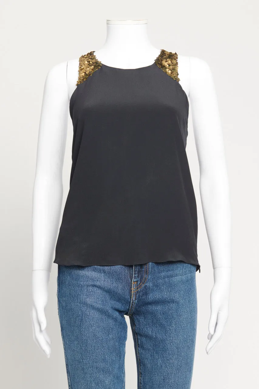 Black Silk Sleeveless Preowned Top With Gold Metal Sequins Applique