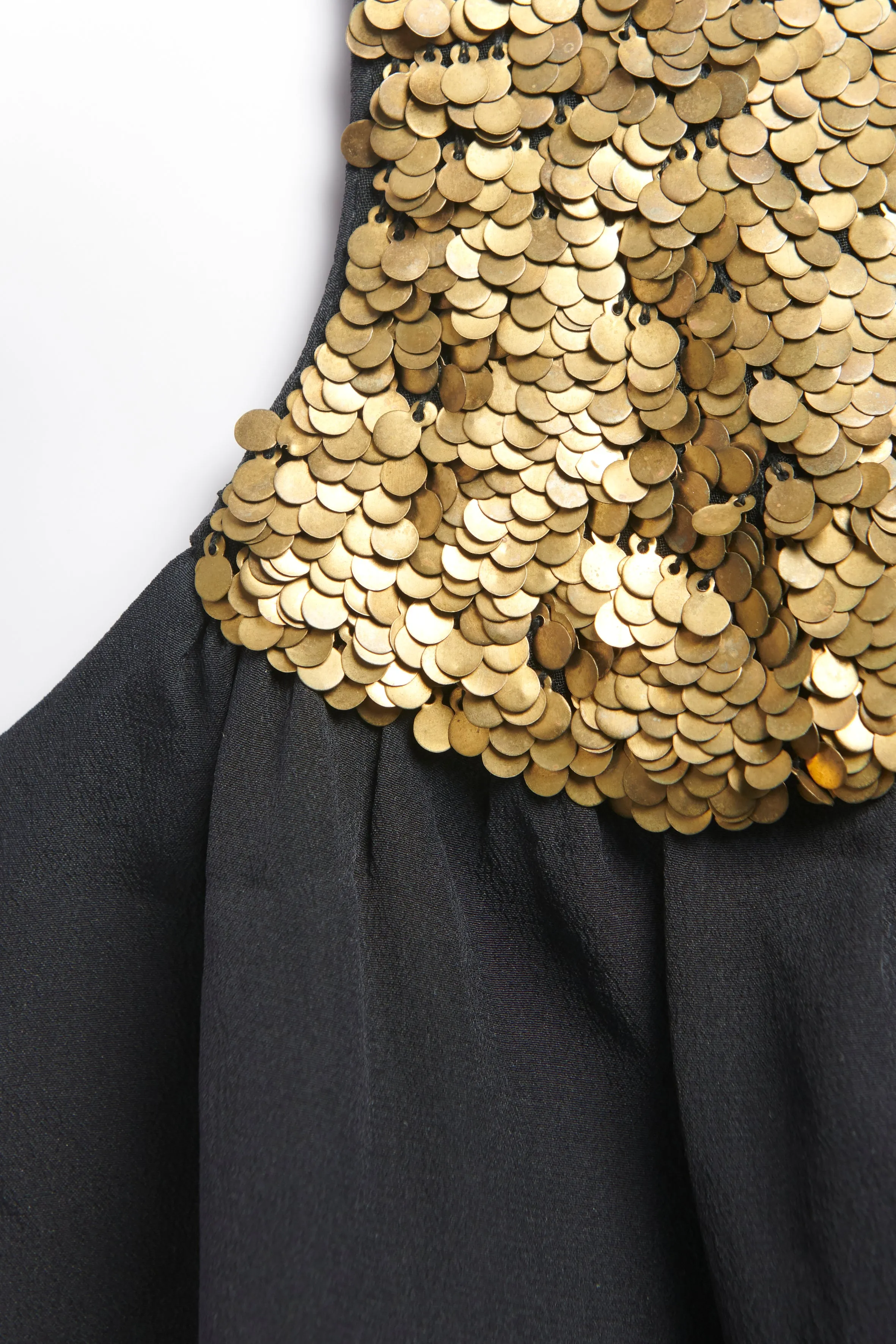Black Silk Sleeveless Preowned Top With Gold Metal Sequins Applique
