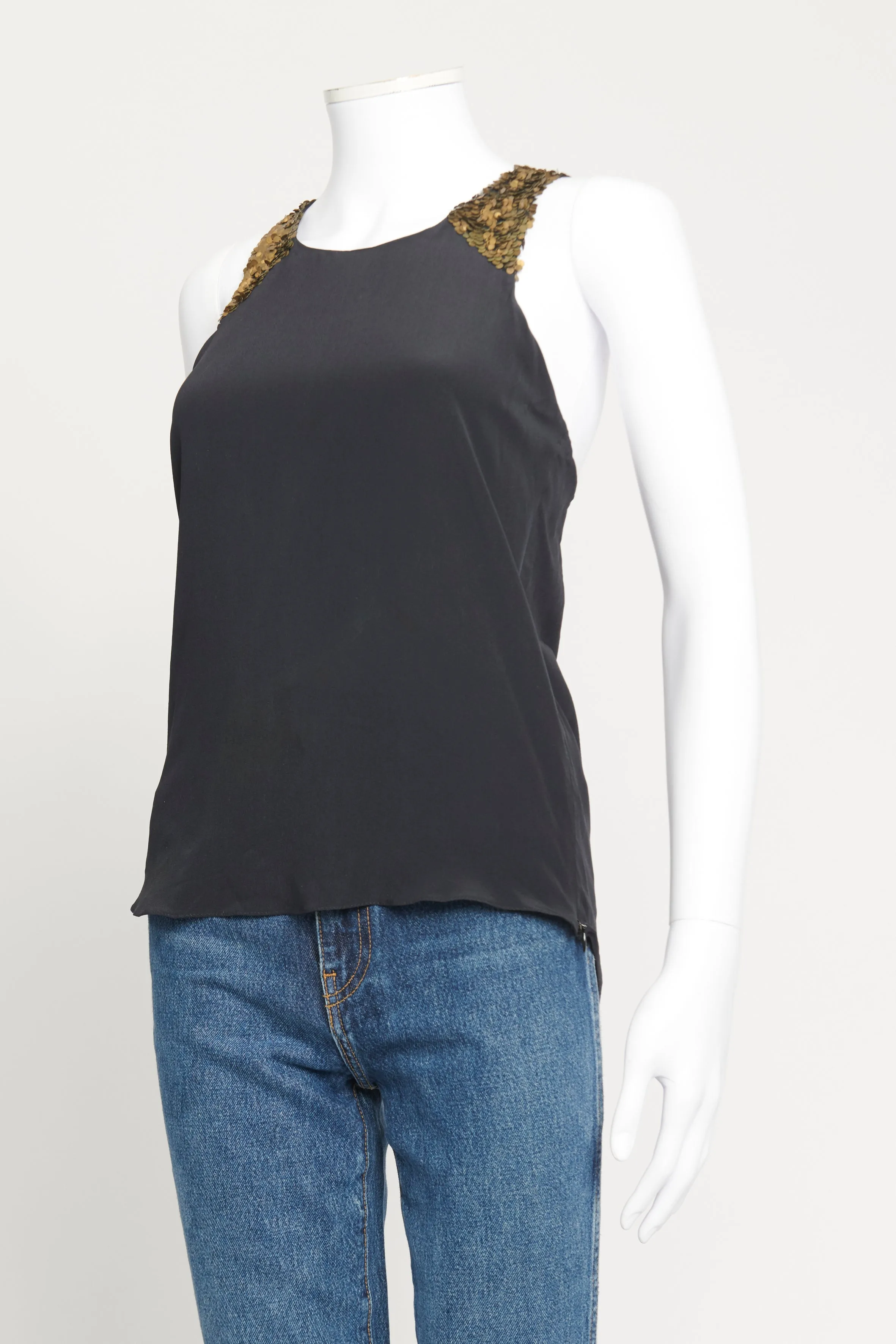 Black Silk Sleeveless Preowned Top With Gold Metal Sequins Applique