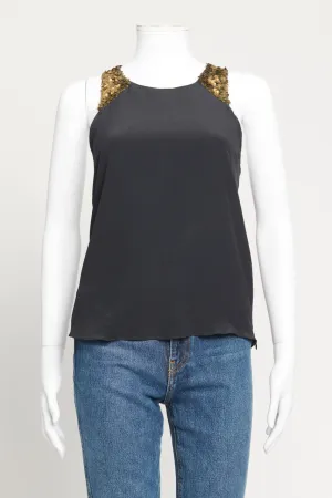 Black Silk Sleeveless Preowned Top With Gold Metal Sequins Applique