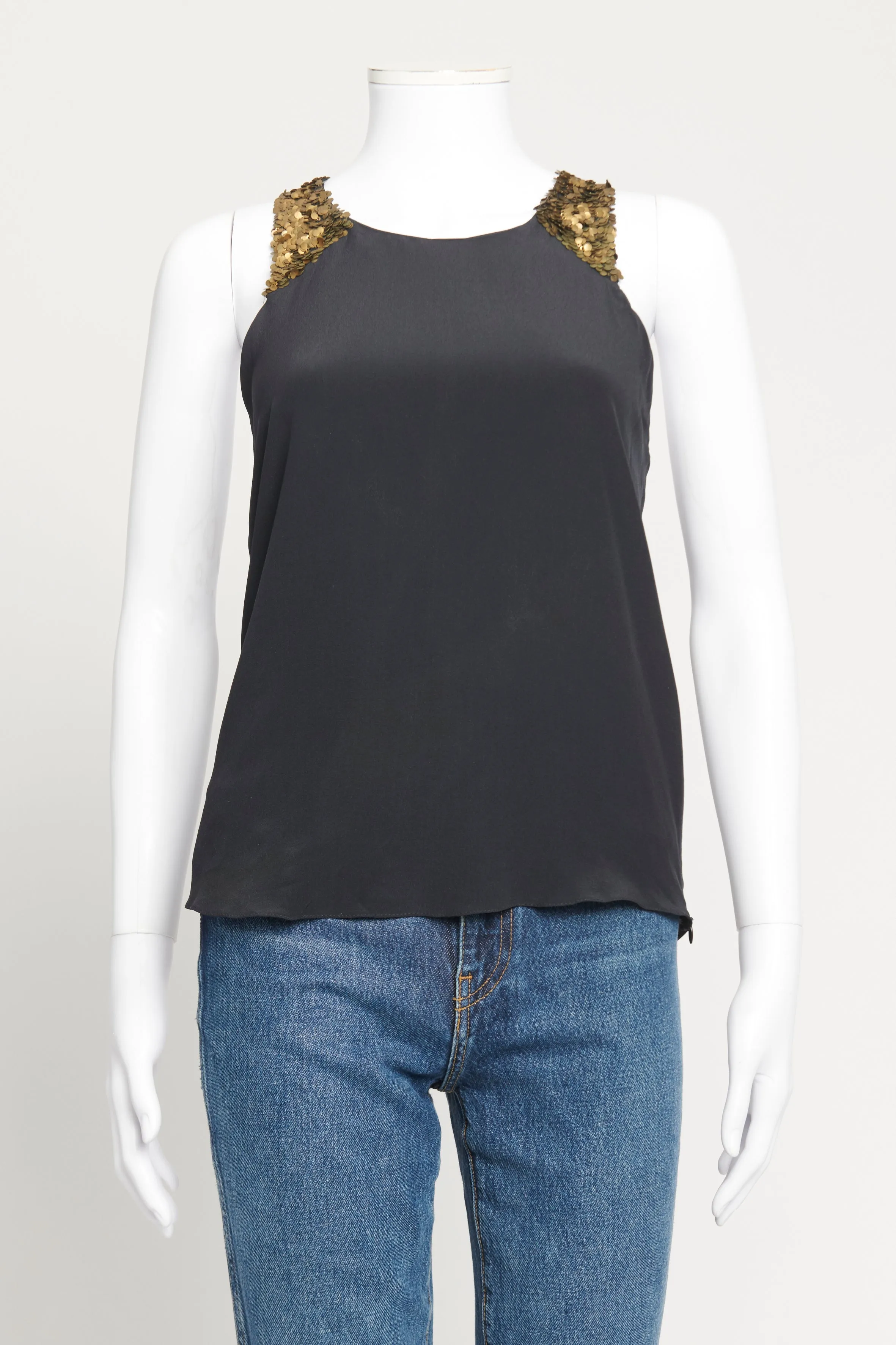 Black Silk Sleeveless Preowned Top With Gold Metal Sequins Applique