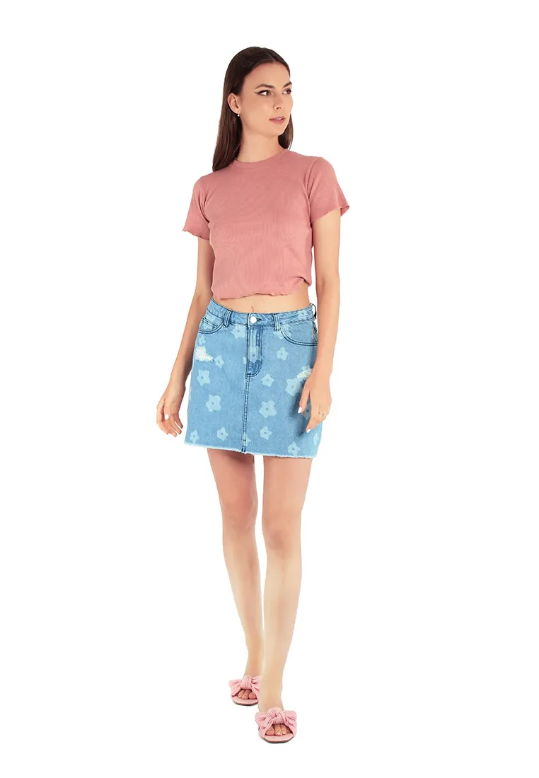 Blue Flower Print Ripped Jeans Mini Skirt