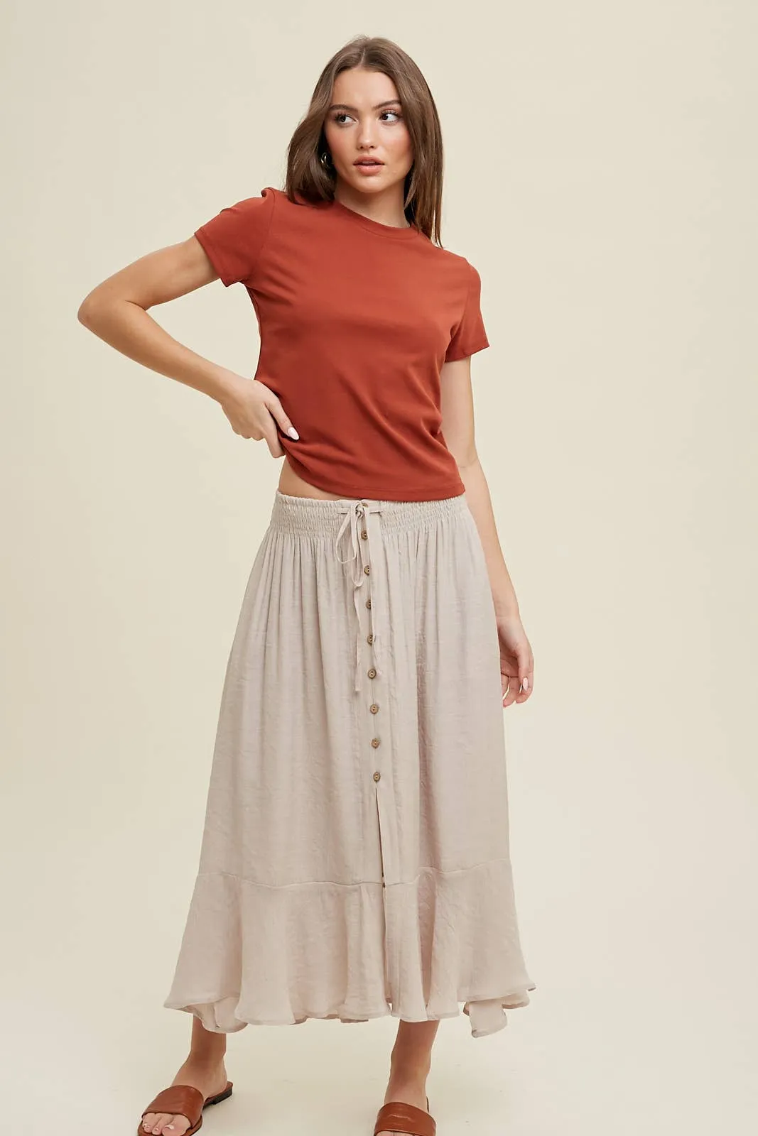 BUTTON-UP MIDI SKIRT