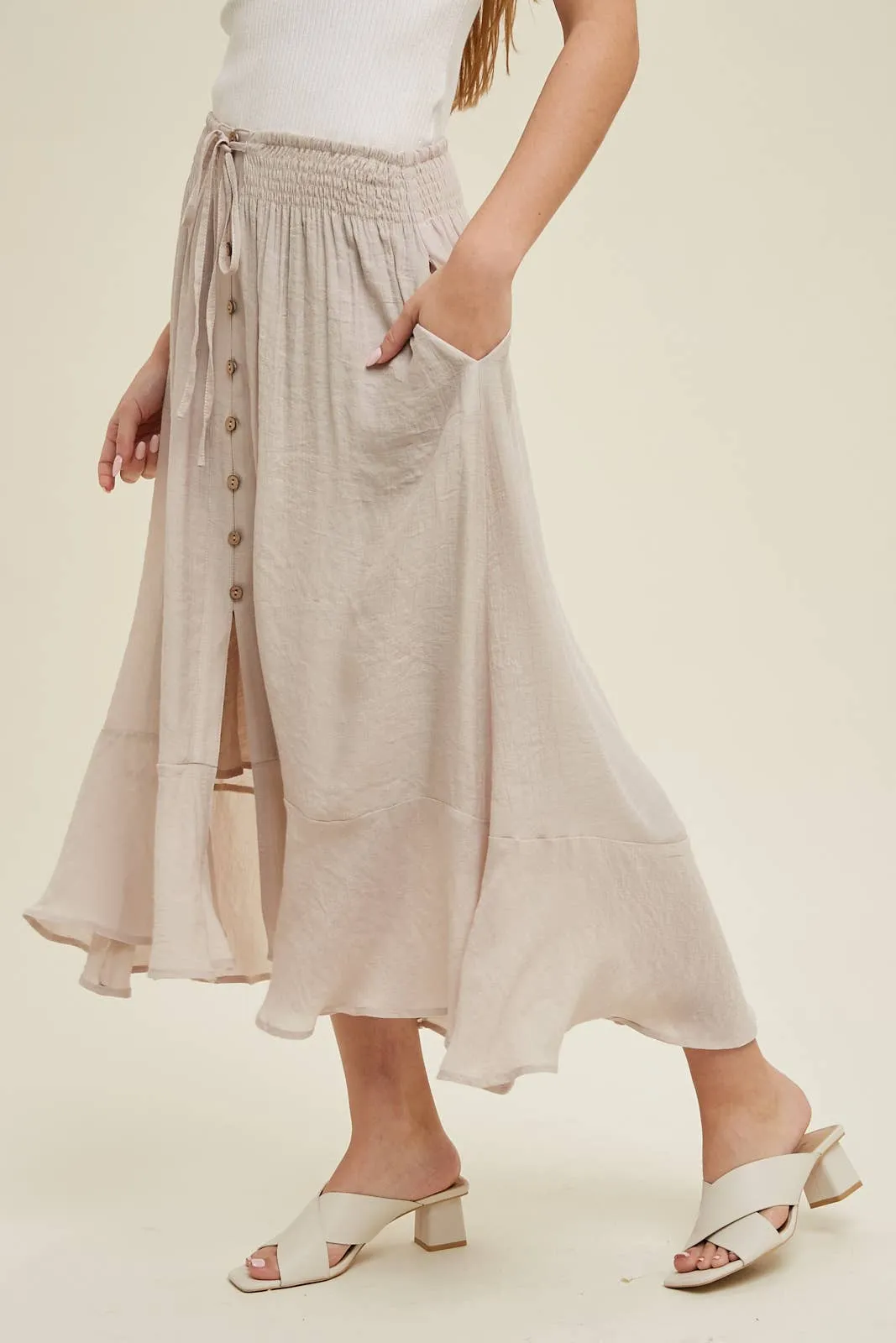 BUTTON-UP MIDI SKIRT
