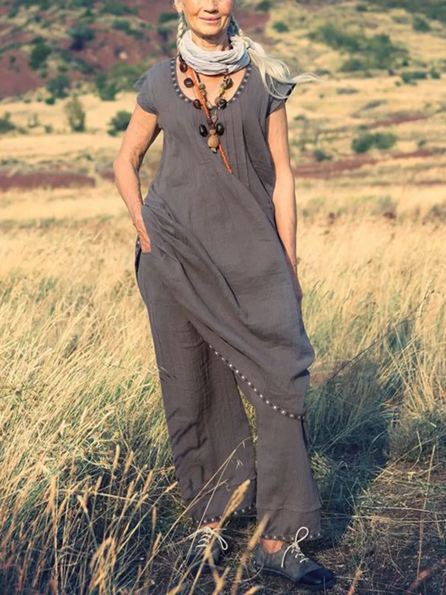 Casual Loose Short Sleeve Pocket Suit