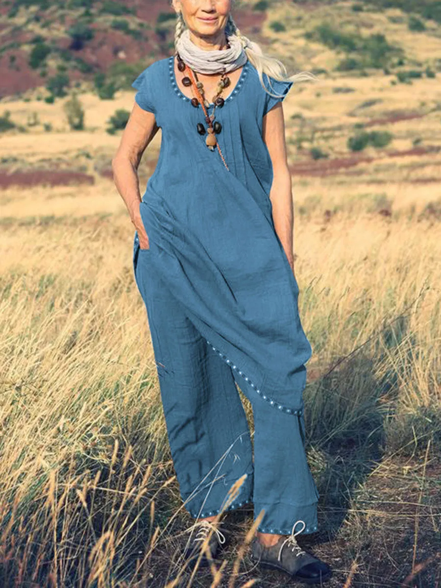 Casual Loose Short Sleeve Pocket Suit