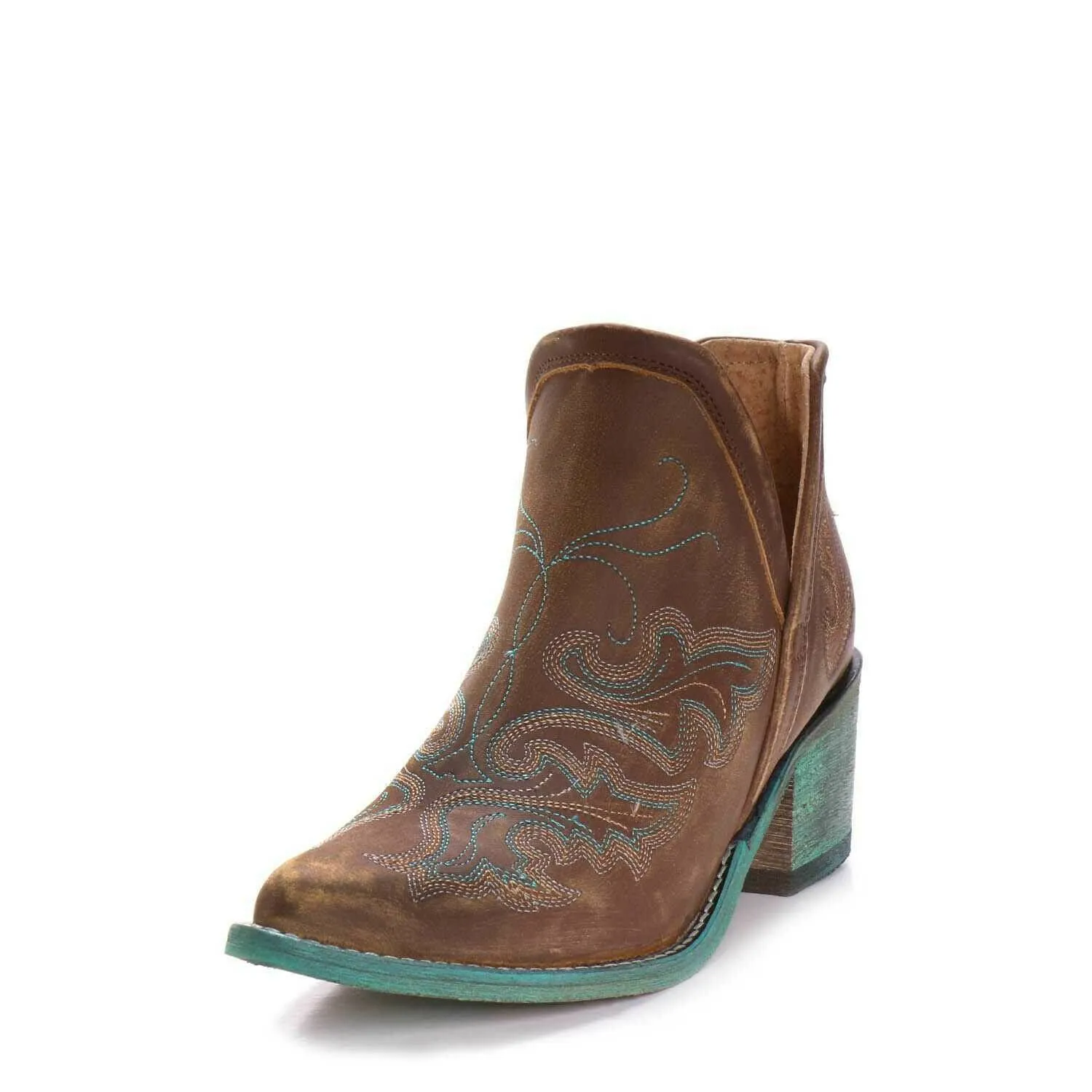 Circle G by Corral Ladies Cognac Brown & Turquoise Embroidery Booties Q0099