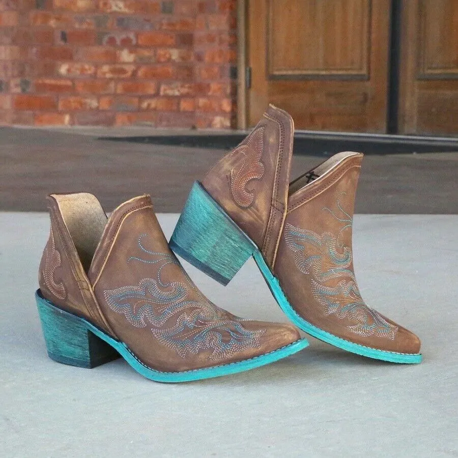 Circle G by Corral Ladies Cognac Brown & Turquoise Embroidery Booties Q0099