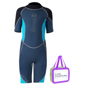 Colorblock Black & Light Blue 2.5mm Neoprene Knee Length Kids Swimsuit, Half Sleeves Swimwear