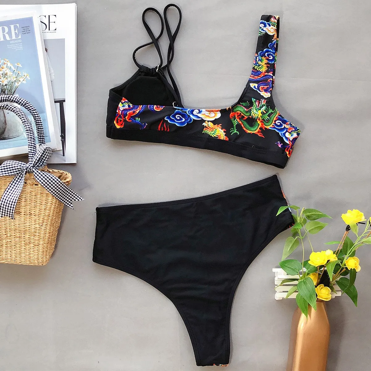 Colorblock Print Mid Rise Thong Bottom Bikinis