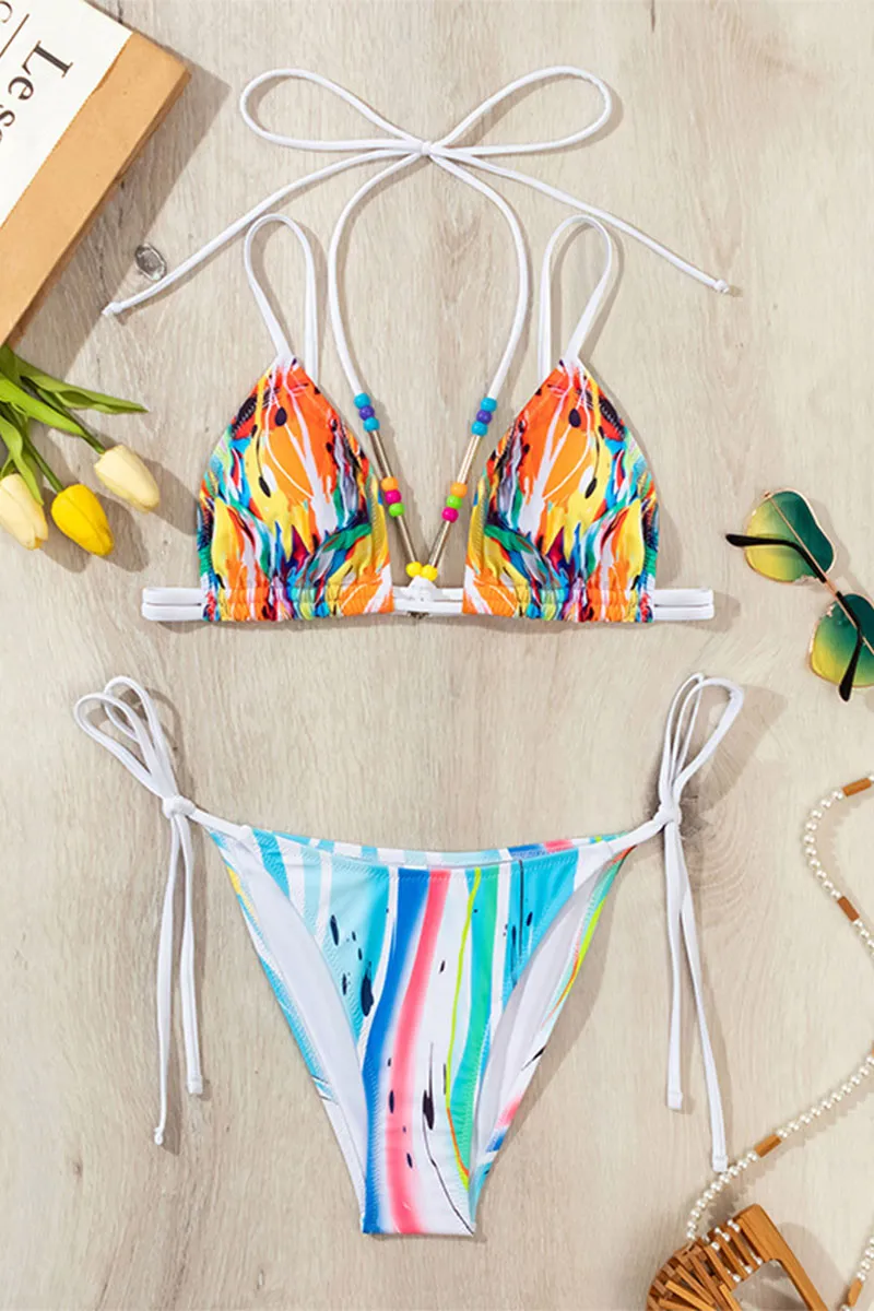 Colorful Abstract Print Stylish Lace-Up Bikini