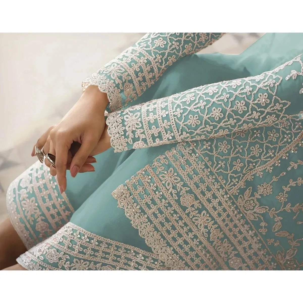 Elegant Sky Blue Embroidered Netted Beautiful Palazzo Suit