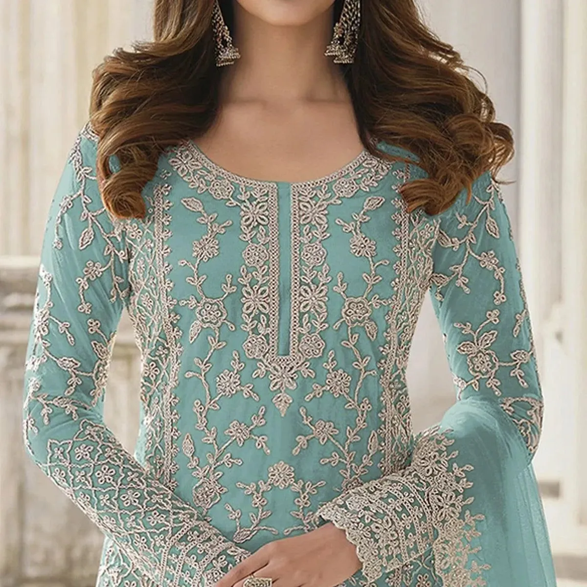 Elegant Sky Blue Embroidered Netted Beautiful Palazzo Suit