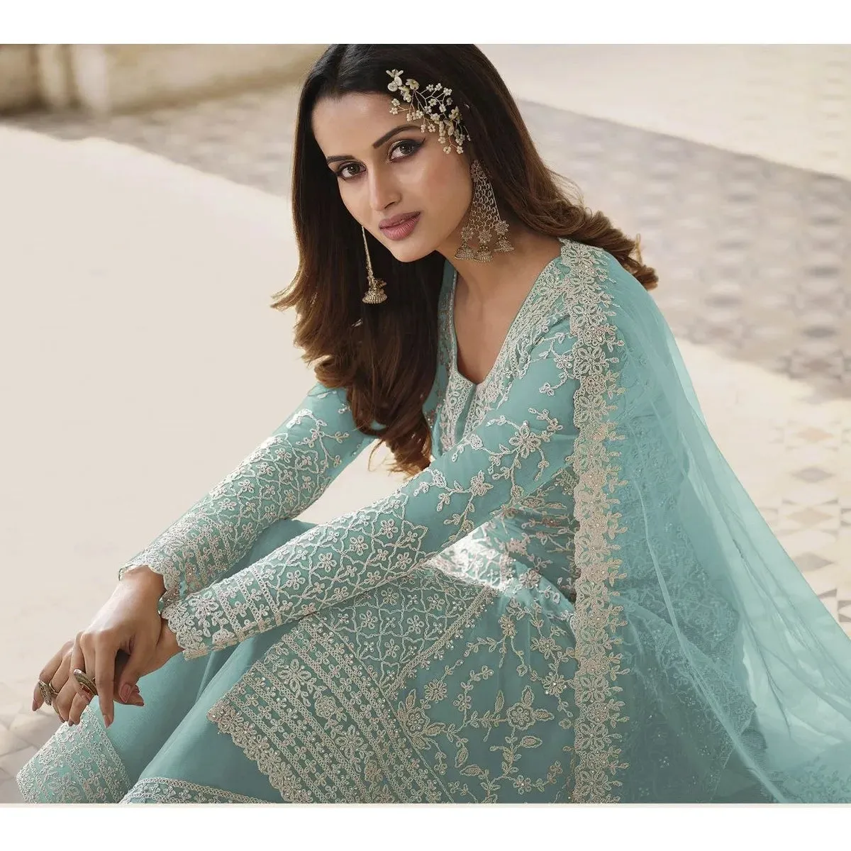 Elegant Sky Blue Embroidered Netted Beautiful Palazzo Suit