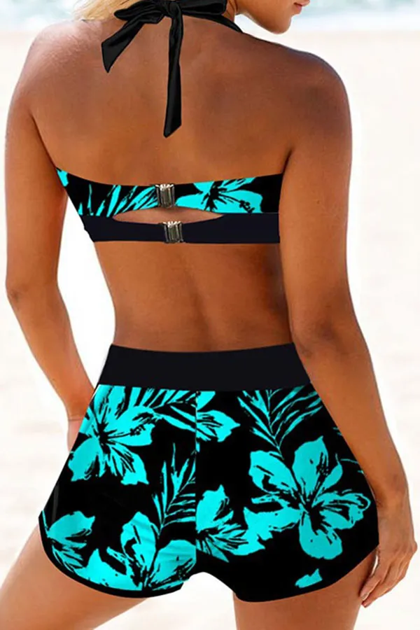 Floral Print Patchwork Halter Collar Stylish Bows Bikini & Shorts
