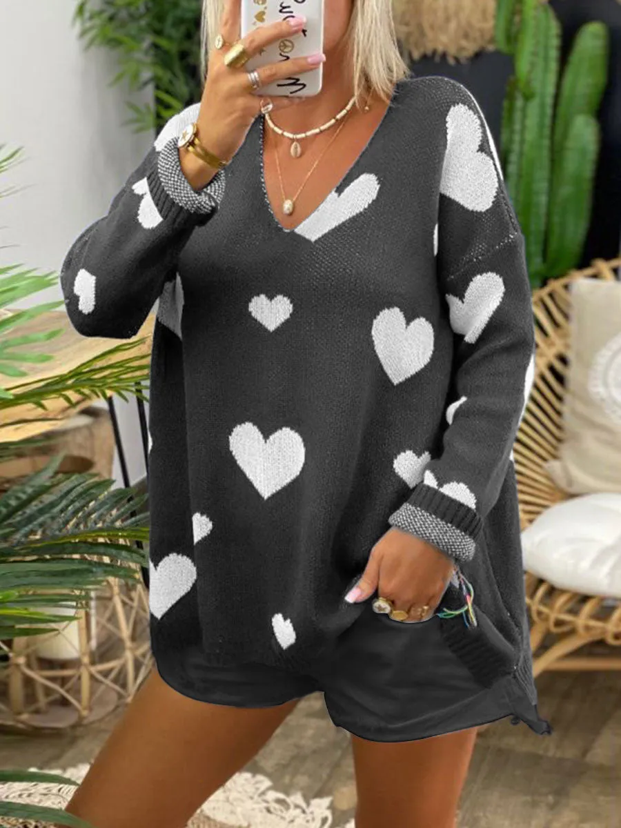 Knitted Printed V-Neck Loose Suit