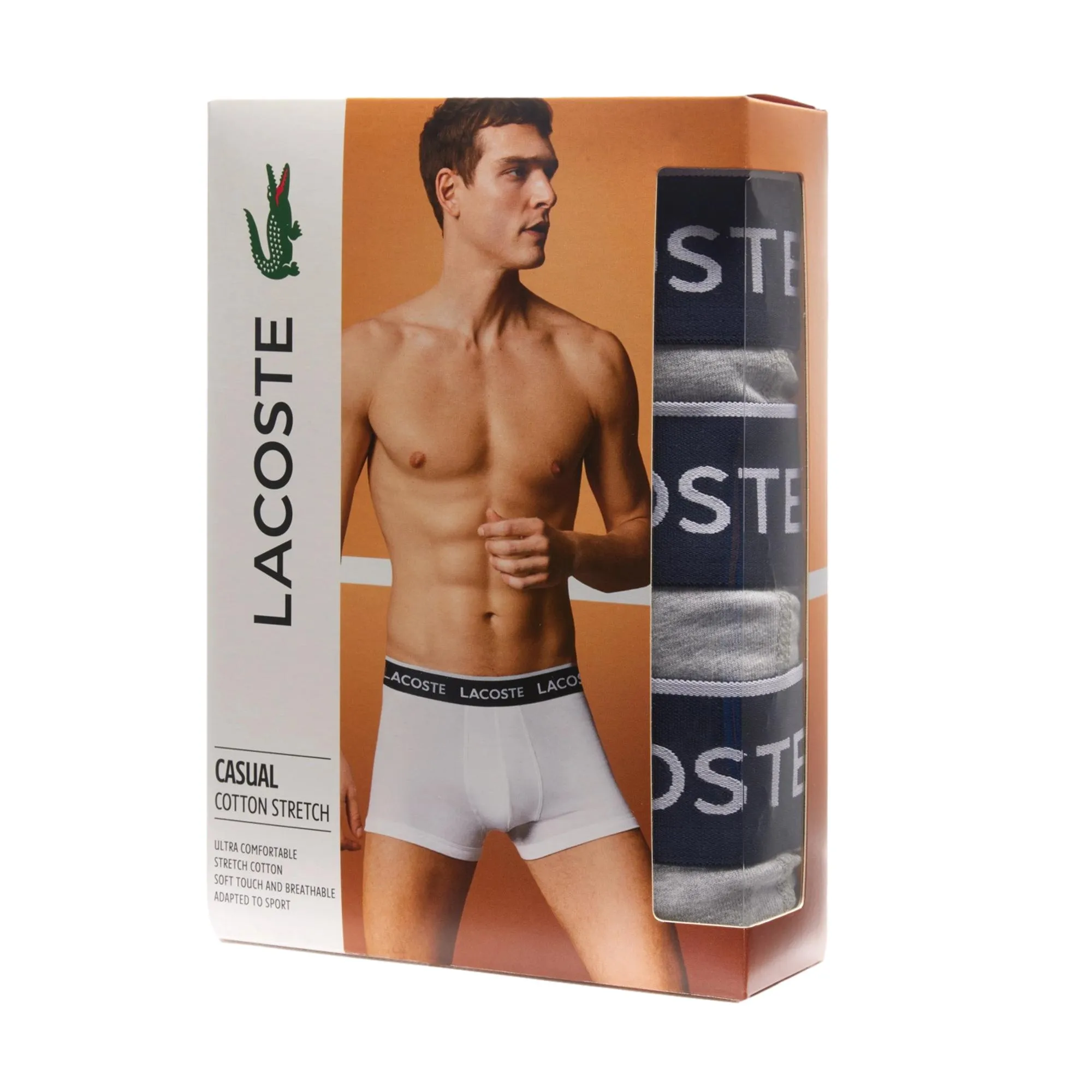 Lacoste Mens Casual Cotton Stretch 3 Pack Trunks - Silver Chine