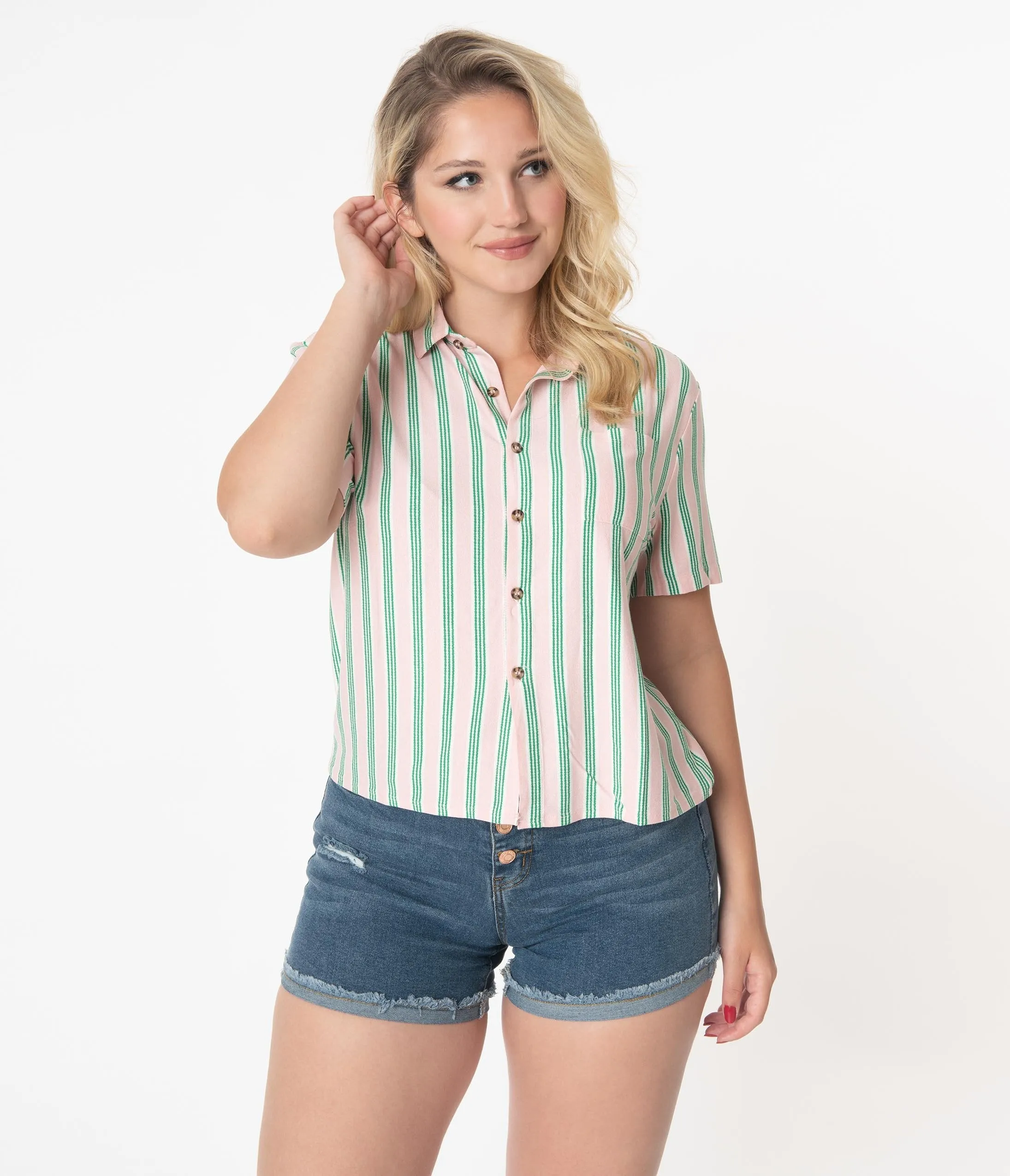 Pink & Green Stripe Casual Blouse