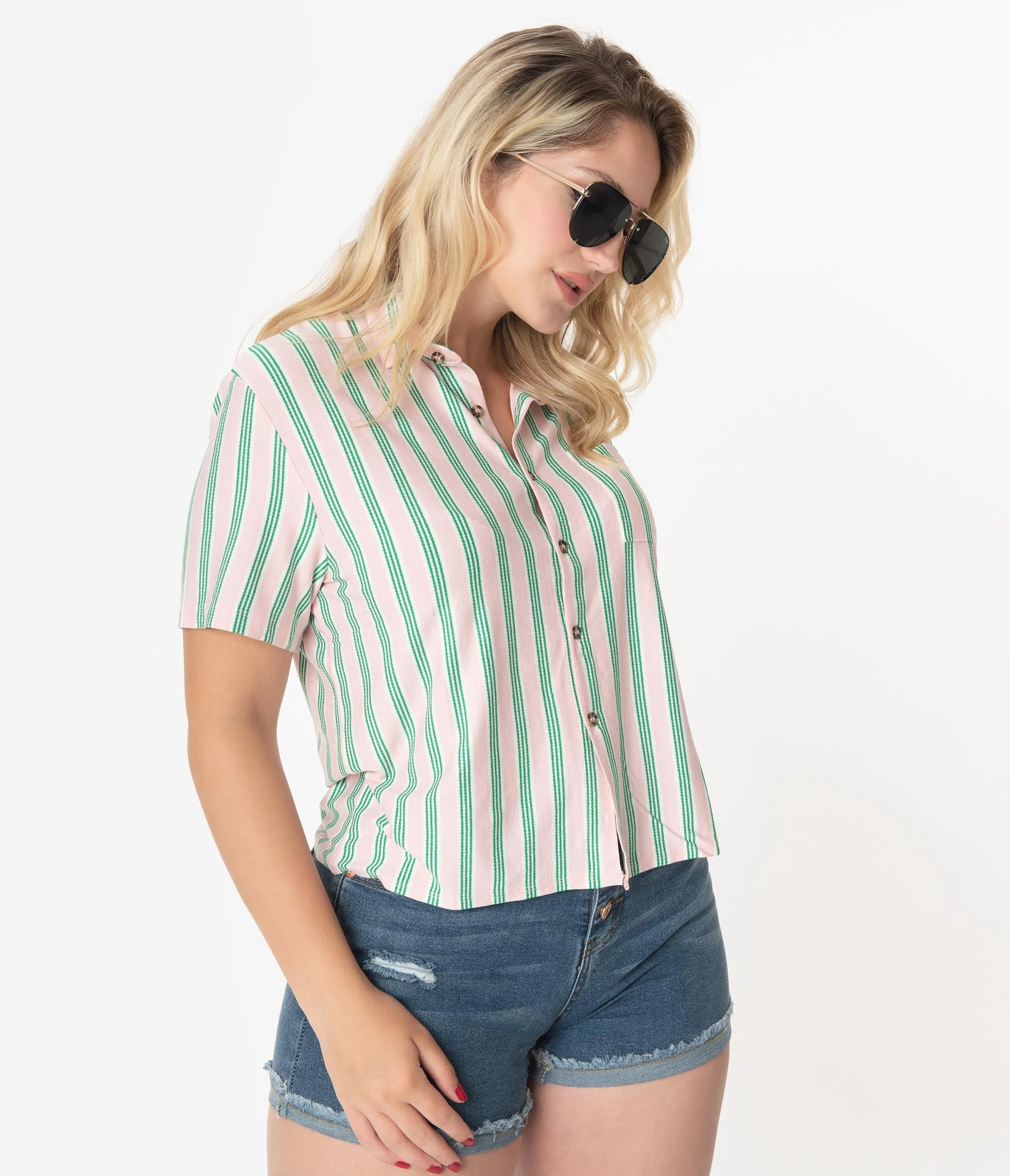 Pink & Green Stripe Casual Blouse